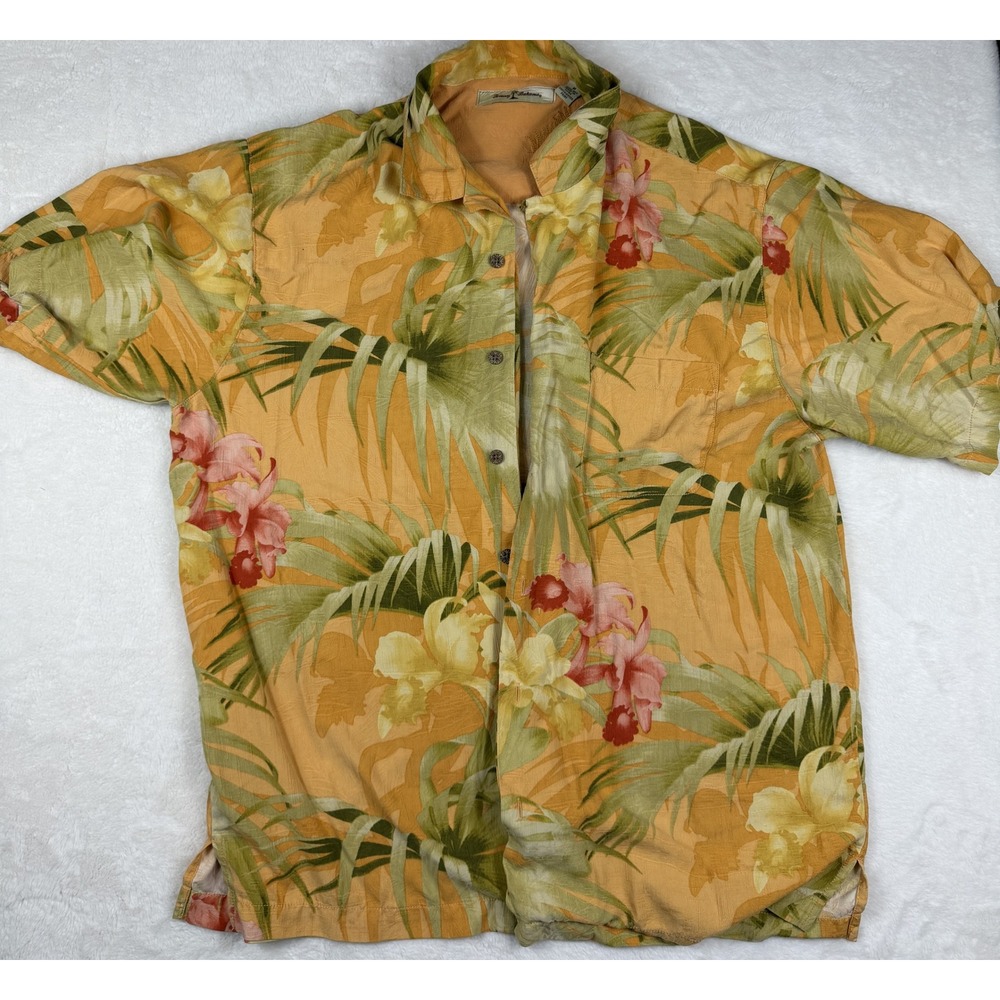 Tommy Bahama Mens Orange Silk Tropical Floral Palm Short Sleeve Camp Shirt M